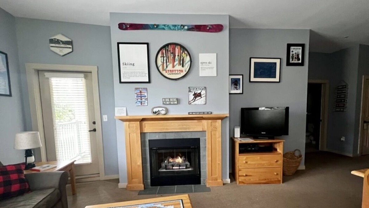 Stratton Mountain Condo | 5 minute walk to lifts and Stratton Village! Cozy fireplace with a private patio