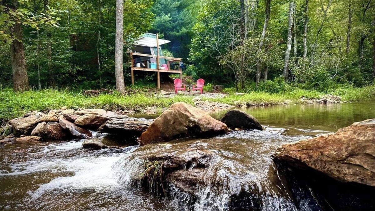 Purlear RV Rental | A-Frame in nature, Swinging wall, WIFI, Hot Shower
