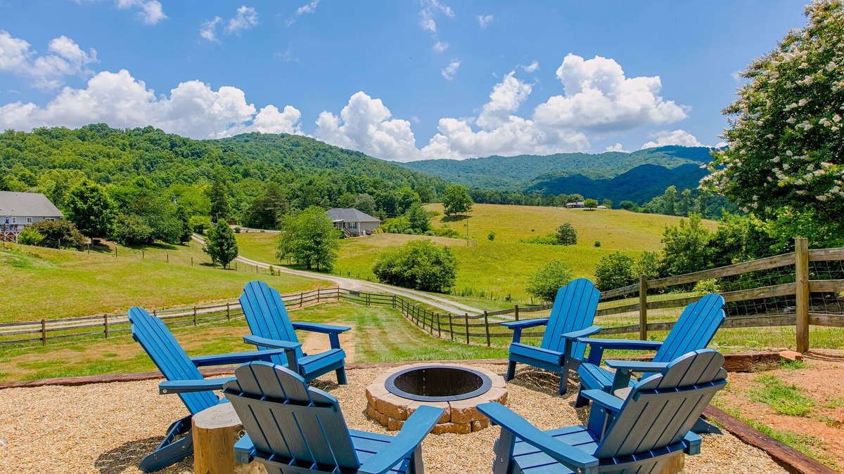 Weaverville House | Blue Ridge farmhouse with amazing mountain view, hot tub, firepit & decks