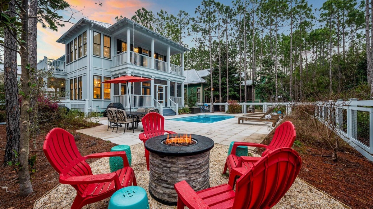 Forest District House | Book for a Fall Getaway! Low-Speed Vehicle! Private Pool! 5 Adult Bikes! Firepit!