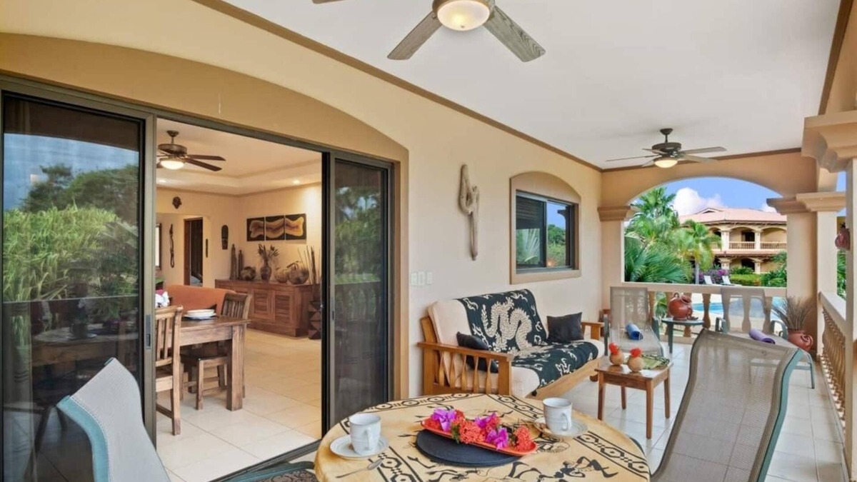 Junquillal Condo | Bright 2BR, 2BA condo with A/C, pool, fast Wi-Fi, and garden-view balcony. Walk to Playa Junquillal.