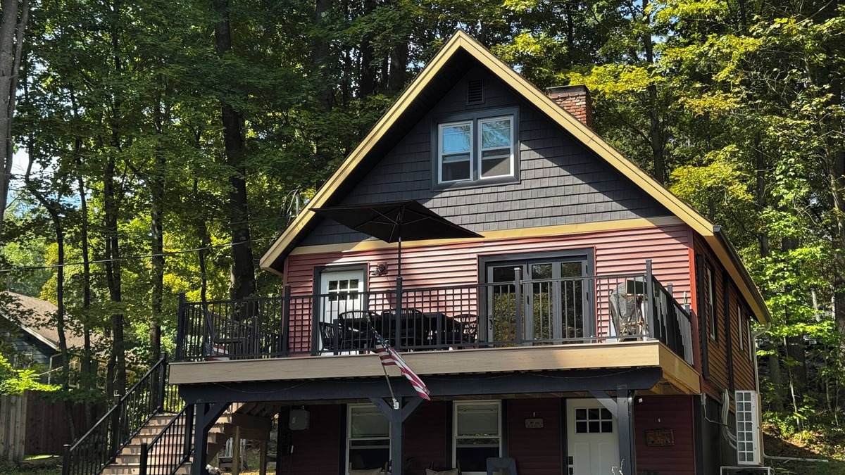 Lake George House | Cozy, pet friendly, newly renovated chalet home with shared beach & water views