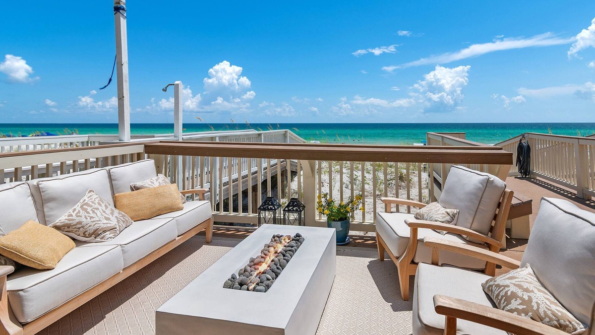 Fort Walton Beach - Destin House | Direct beachfront luxury in Destin! Enjoy sweeping Gulf views from 3 patios, private beach access with chairs & umbrellas, a movie room, pinball, and a designer kitchen with Viking & Wolf appliances. Sleeps 14 in style and comfort.