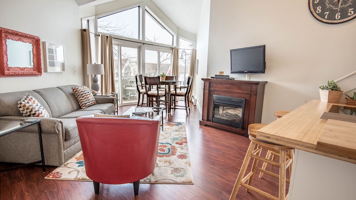 Charlevoix Condo | Downtown Charlevoix Condo | Indoor/Outdoor Pool | Private Balcony | Sleeps 6