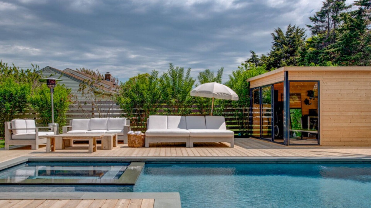Montauk House | Eclectic-style home with private pool, fitness studio, open-floor plan,.