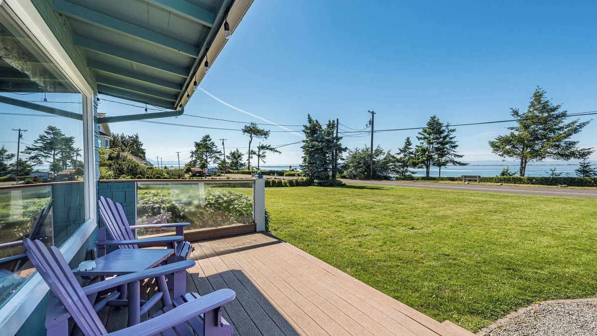 Sequim House | Fireplace Room - Water view, Jetted tub, King, Kitchen