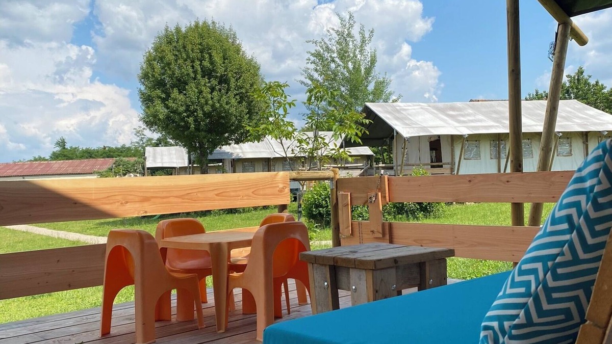 Jayac RV Rental | Glamping 'Safarilodge Confort Tent 8 5 Pers' with Shared Pool, Private Terrace and Wi-Fi