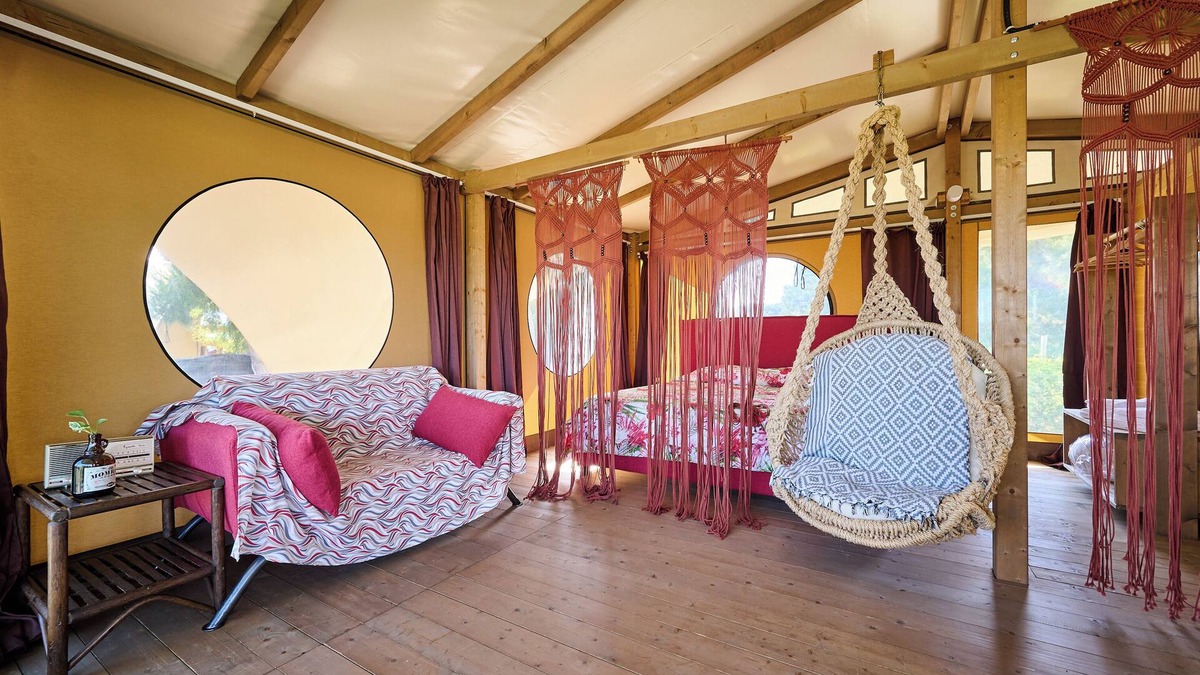 Piombino RV Rental | Glamping 'Tenda Glamping Vicino Al Mare' with Terrace, Garden and Wi-Fi