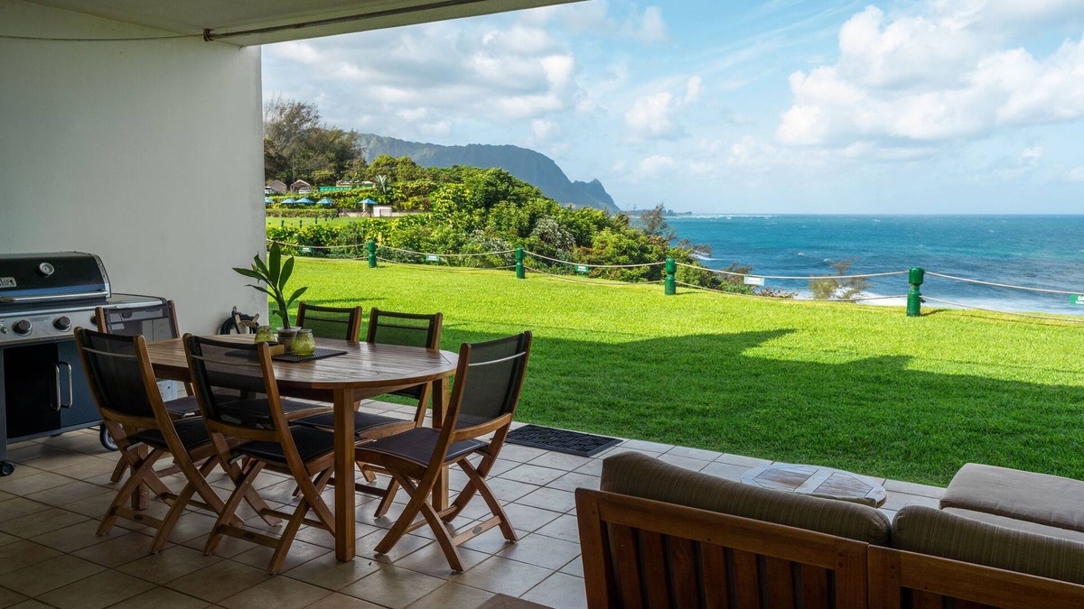 Princeville Condo | Glorious ocean and Bali Hai views from this ground floor, air conditioned home