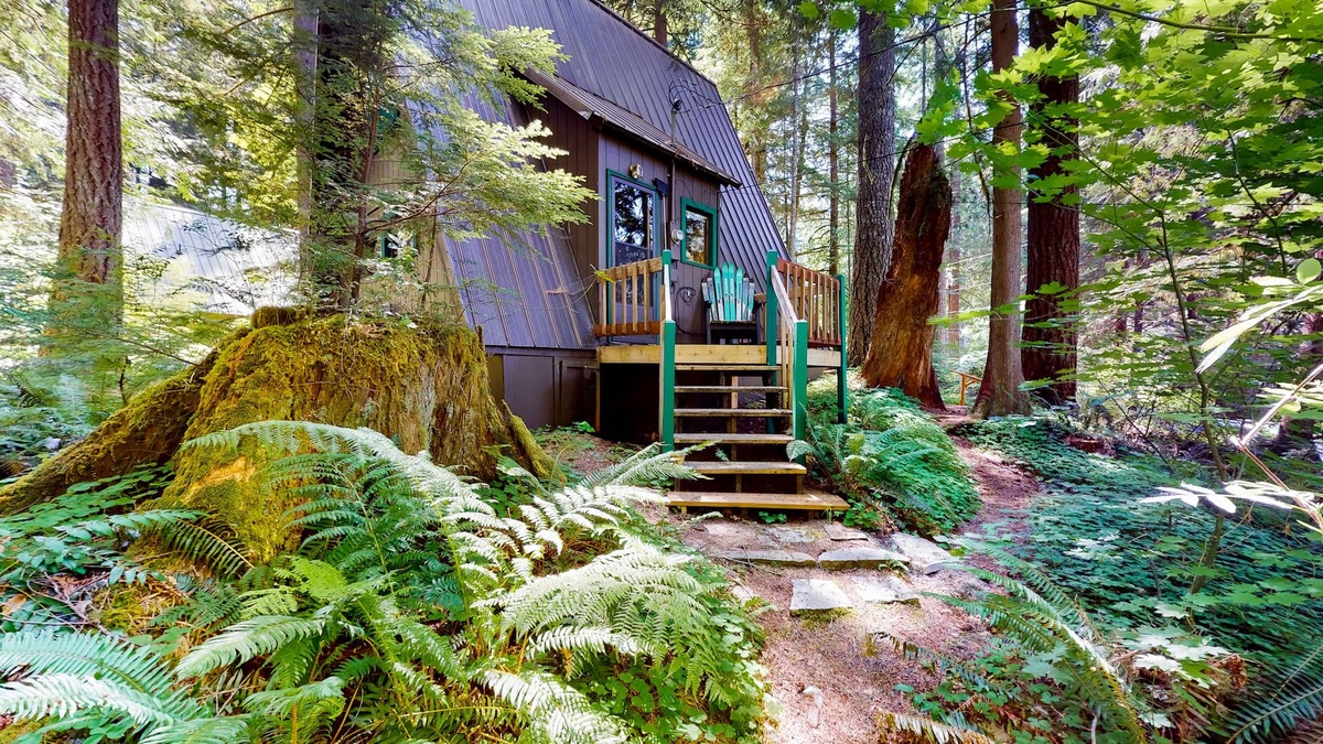 Rhododendron Cabin | Hilda’s Briarwood Escape | A-frame in Rhododendron with fireplaces & forest view