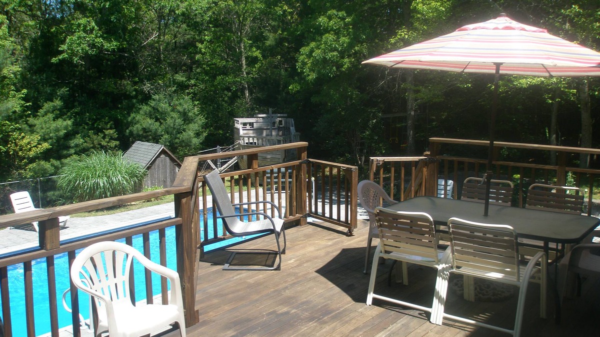 Mashpee House | Inground Pool with patio, large deck, ship playhouse and swing