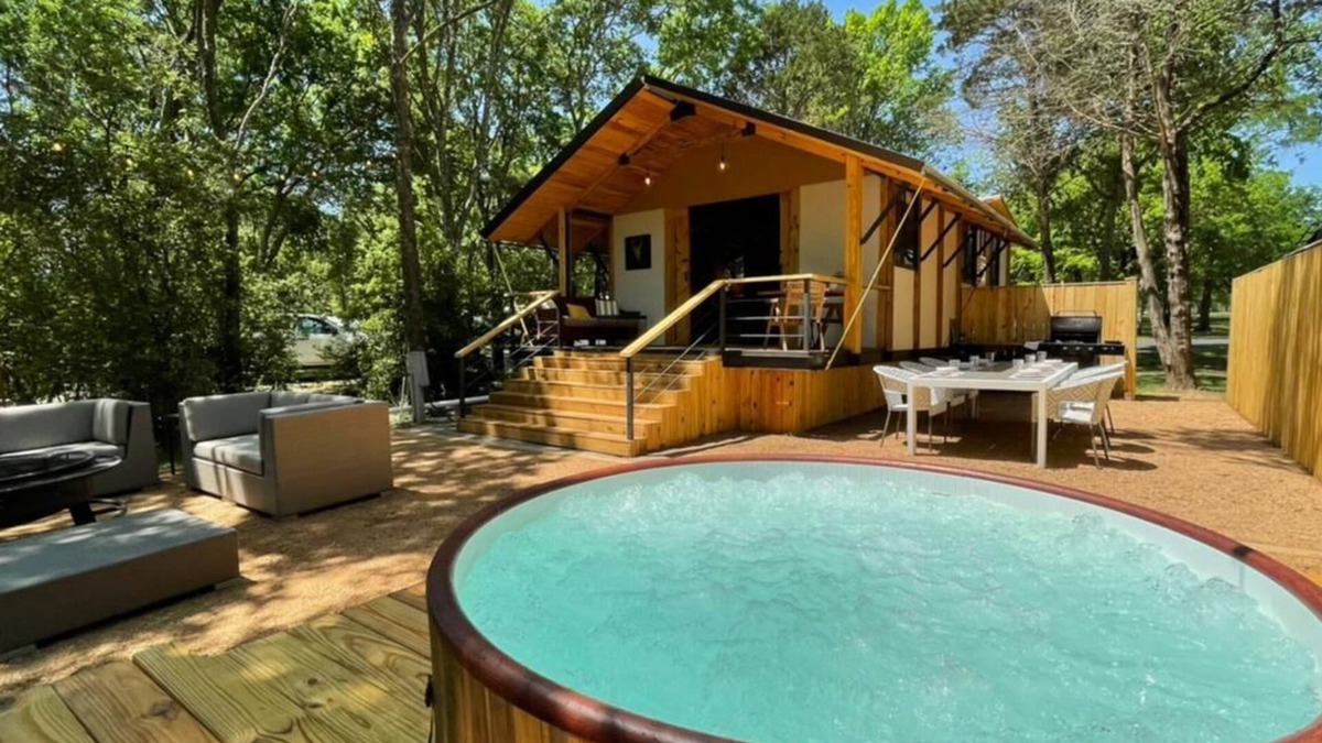 Bastrop Cabin | Lake front glamping cabin. Bathroom inside.