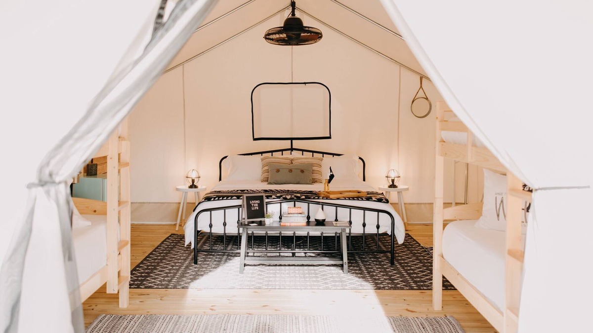 Delta RV Rental | LAKE VIEW Glamping at Cheaha State Park, pet friendly, water, hiking, swimming