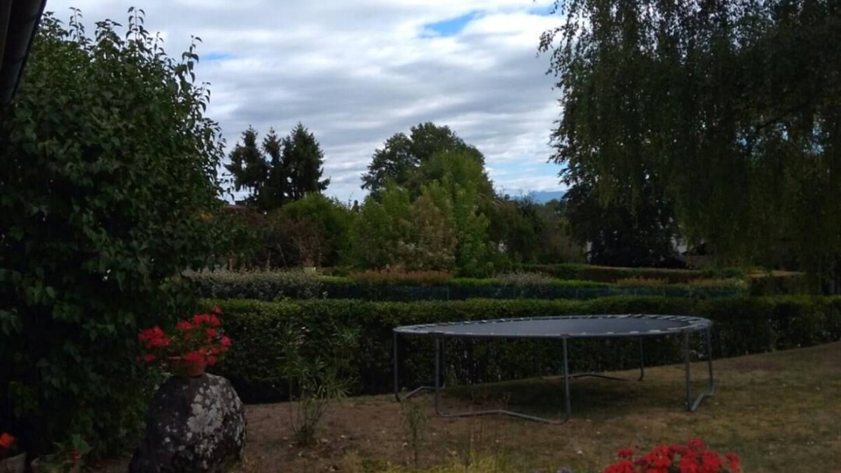 Prevessin-Moens House | Large double room, balcony, and view of large garden and the Alps