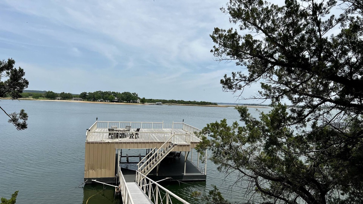 Graford House | Large, shady patio with deep-water two-story dock with sunset views. Sleeps 8