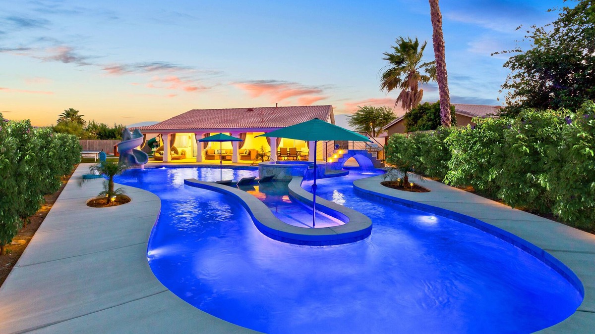 Coachella House | LAZY RIVER, Water slide, kids Race track, Arcade room, Playground