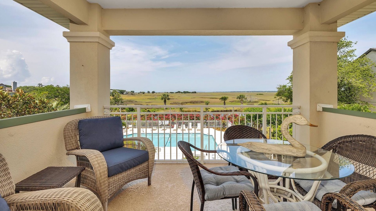 St. Simons Island Condo | Long distance marsh views and community pool.