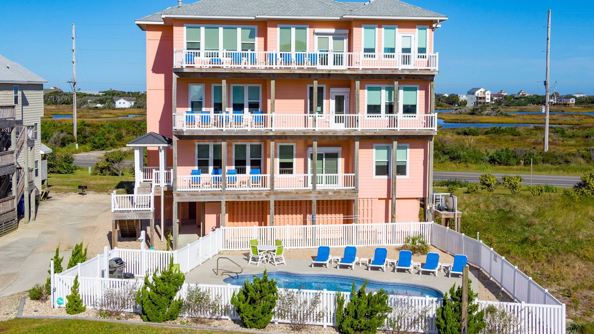 Hatteras House | Luxe, ocean- & sound-view home with private pool, hot tub, decks & game room