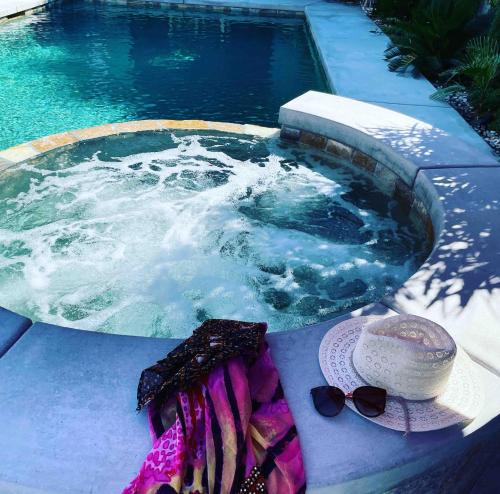 Desert Hot Springs Villa | Mineral Saltwater Solar heated Pool & Spa Oasis with mountain views and Koi pond
