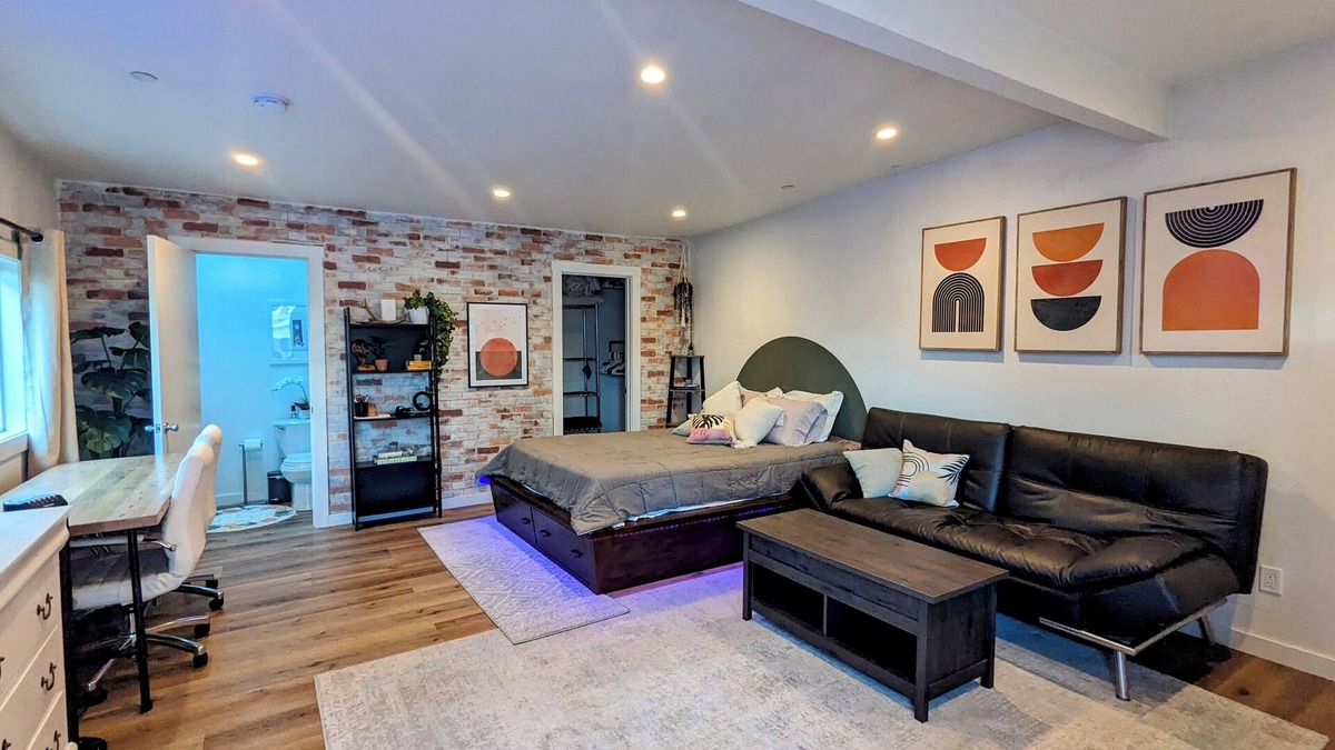 Larkspur Apartment | Modern Studio in the Redwoods with Deck, AC and Outdoor Movie Theater