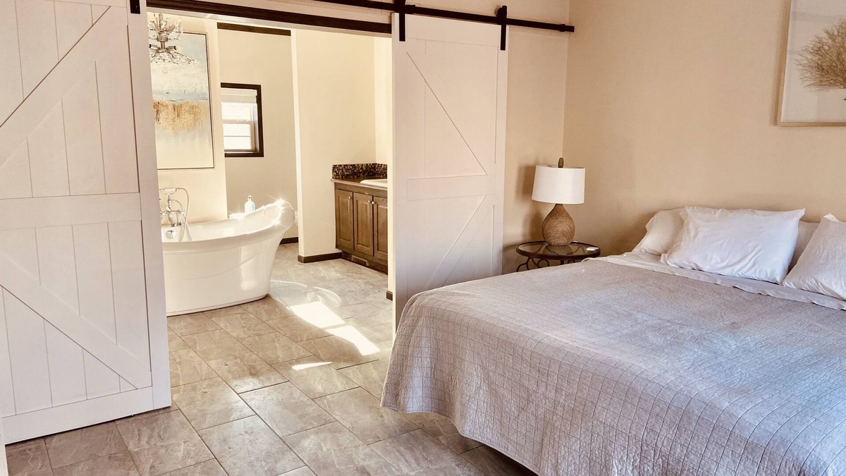 Galloway House | New Design Farmhouse for couple getaway large deck soaking tub w shower