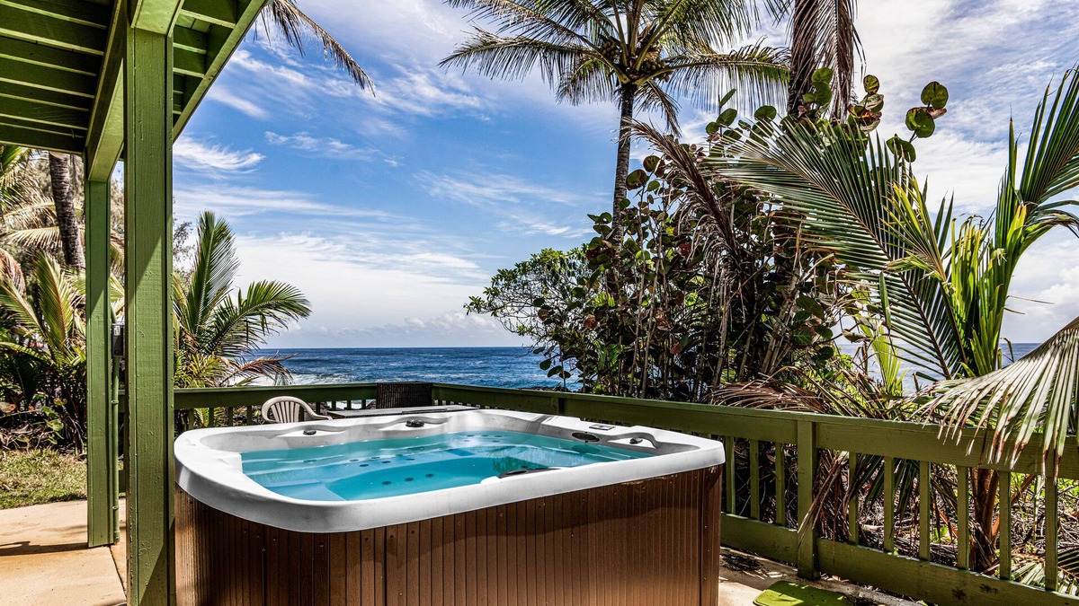 Keaau House | Oceanfront home with private hot tub, wraparound deck, ocean views, W/D & lanai