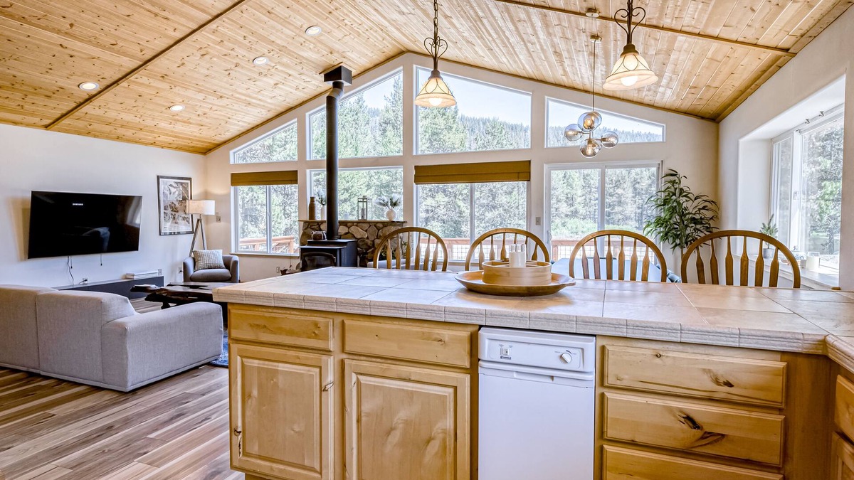Soda Springs House | Outdoorsy waterfront home with skiing, full kitchen, foosball, & W/D