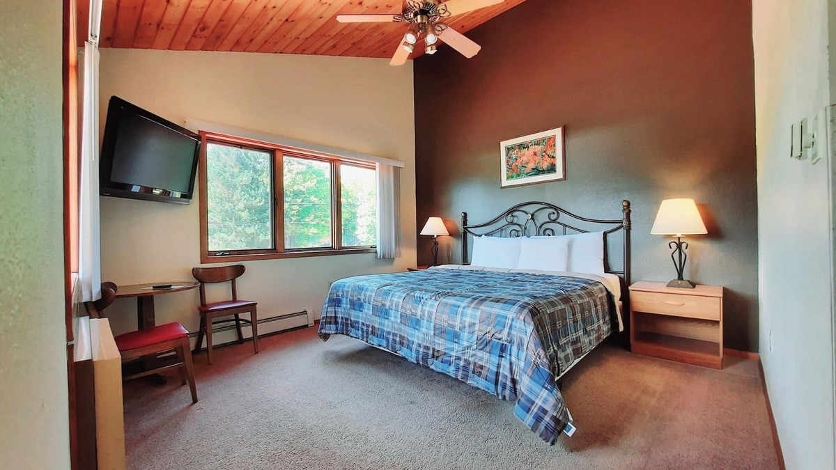 Ironwood Apartment | Private couples suite inside the Lodge at North Ironwood Acres resort with knotty-pine vaulted ceiling, one KING bed, sofa and one small bathroom. DOG FRIENDLY!
