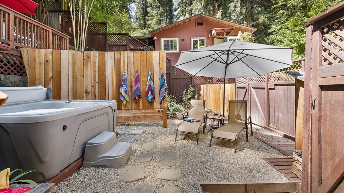Guerneville Cabin | Salmon House is incredibly family-friendly! Hot tub! Games! Walk to River! Woof!