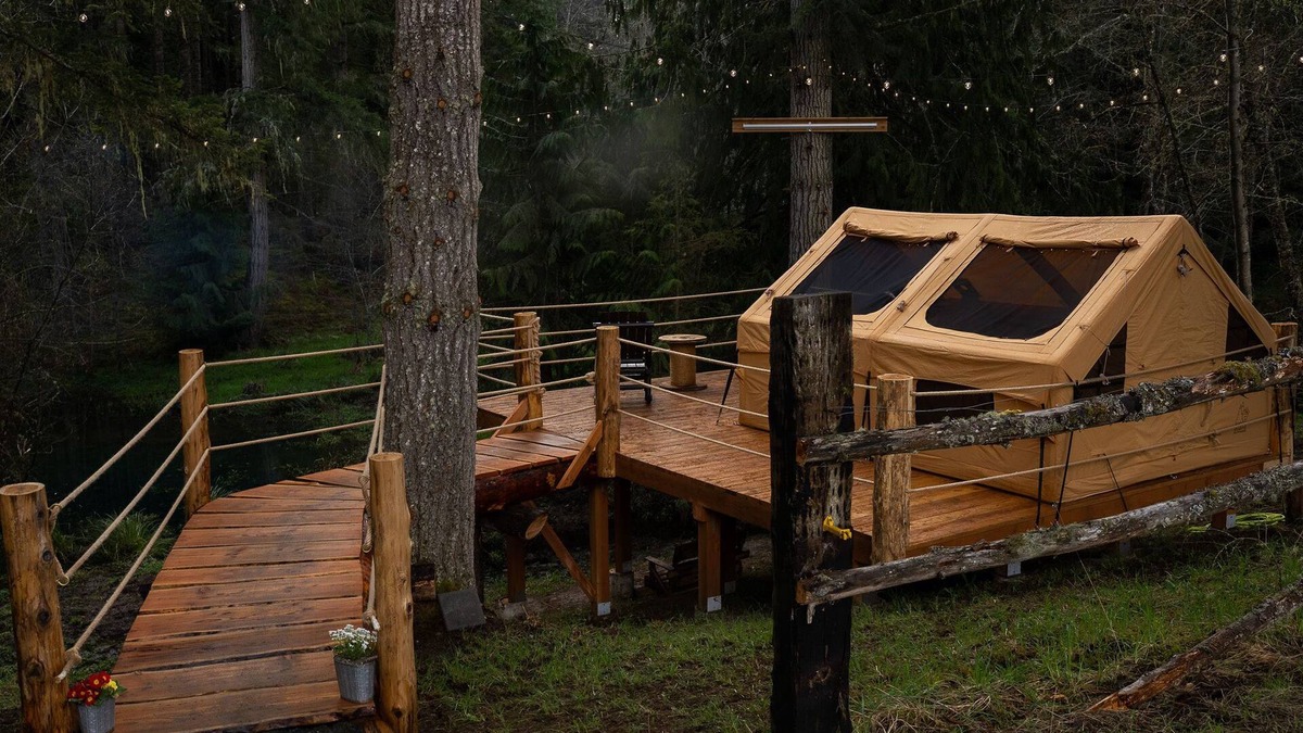 Port Angeles RV Rental | Secluded glamping tent in the foothills of the Olympic Mountains.