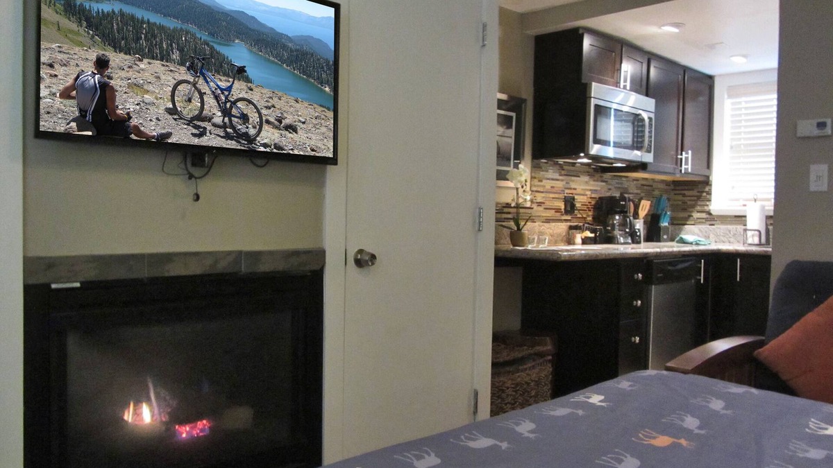 Lakeside Park Cabin | Studio with larger kitchenette, fireplace, and nearby attractions