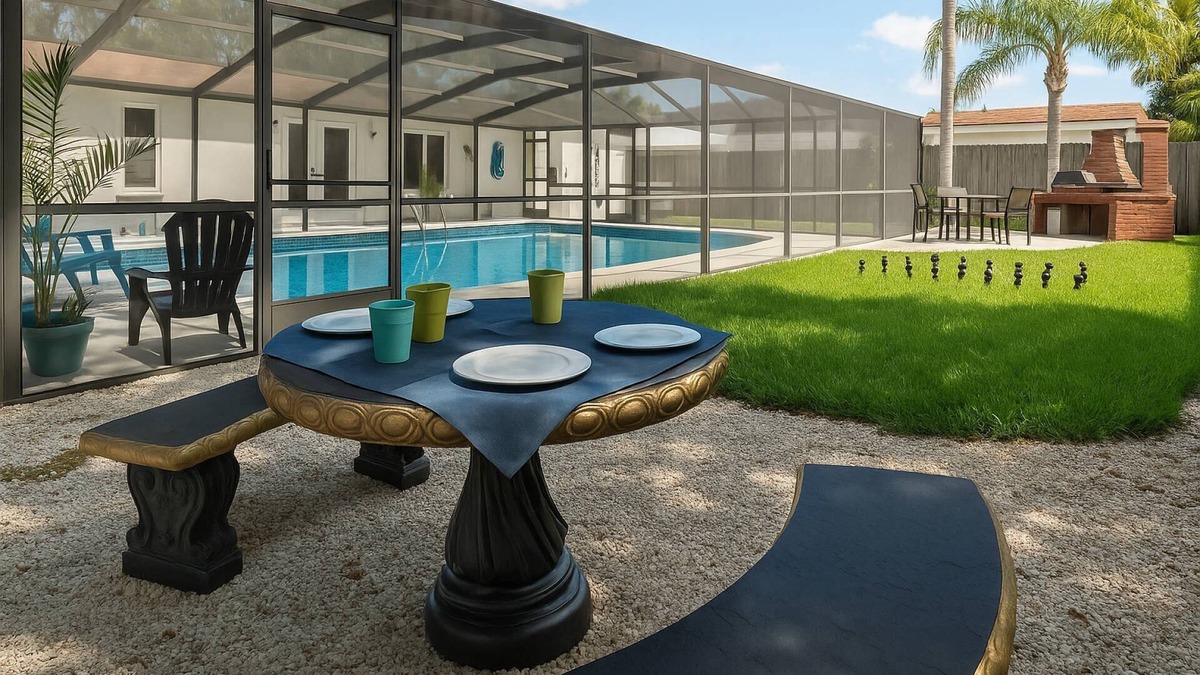 Hyde Park House | Tranquil Times | Serene 3BR Close to RJ Stadium | Screened Heated Pool | Patio Lounge area |Yard Che