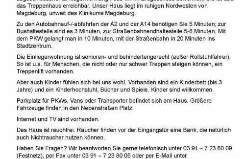 Olvenstedt Apartment | Gäste-und Ferienwohnung Magdeburg Alt-Olvenstedt, zwei Schlafzimmer, Treppenlift, ruhige Lage, Nähe Klinikum und Abfahrten A 2 und A 14