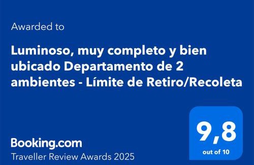 Recoleta Apartment | Luminoso, muy completo y bien ubicado Departamento de 2 ambientes - Límite de Retiro/Recoleta