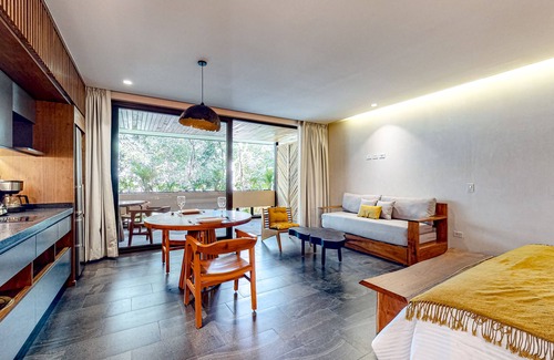 Zama Apartment | Modern second floor studio with pool, partial AC, and balcony