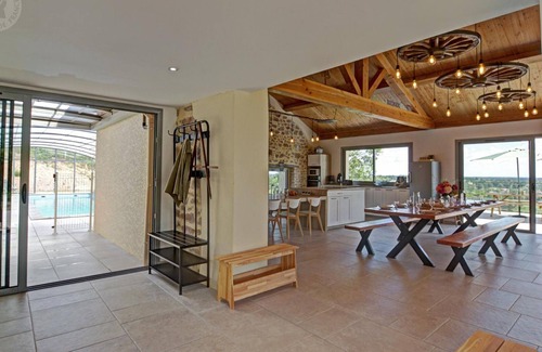 Sail-les-Bains Cottage | Renovated farmhouse, large living room, heated pool, single-story, 14 people