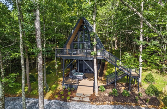 Alpine A-Frame Modern Treehouse with Hot Tub and Views