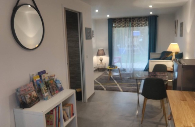 Beachfront studio with pool.