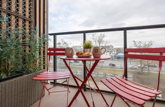 Kokoryczki 5 | Modern Grey and Red Studio | 2 People | Furnished Balcony | Warsaw