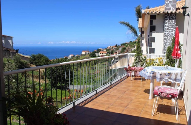 Magnificent view from terrace overlooking the valley down to the sea