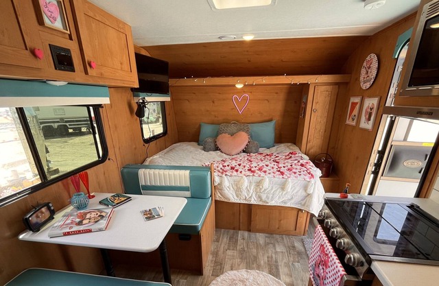 Retro camper trailer on shores of Lake Buchanan