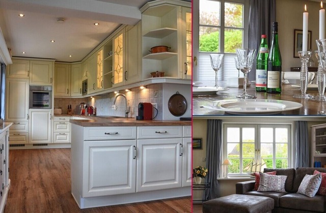 The thatched-roof vacation home has 3 bedrooms and 2 bathrooms, and offers a large living area.