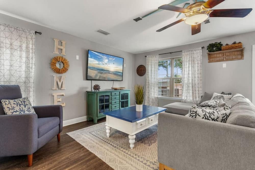Sunset Bayou House | Beachy Blue House, 5 minutes to beach, with private hot tub, 3 bedrms/2.5 baths