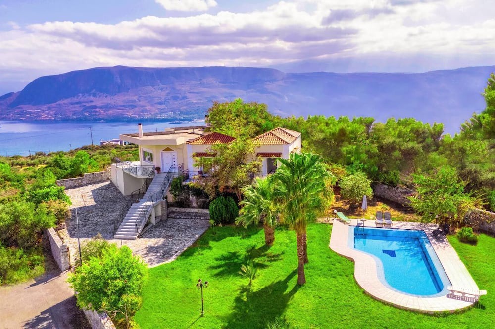 Pitharion Villa | Villa Afroditi near Airport with Pool, Free Wi-Fi, Souda Bay Views, Garden Oasis